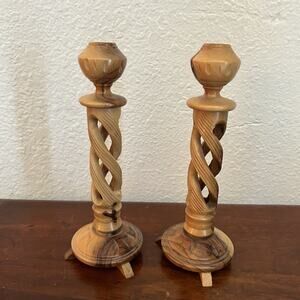 Vintage Hand Carved Olive Wood Spiral Taper Candle Stick Holders Set Of 2